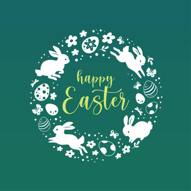 Happy Easter greeting card. Vector illustration with white silhouettes of bunnies, Easter eggs and flowers in the form of a circle. Isolated on green background easter silhouettes stock illustrations