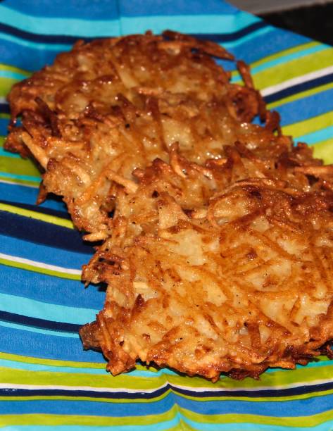 Potato pancakes on a blue striped background