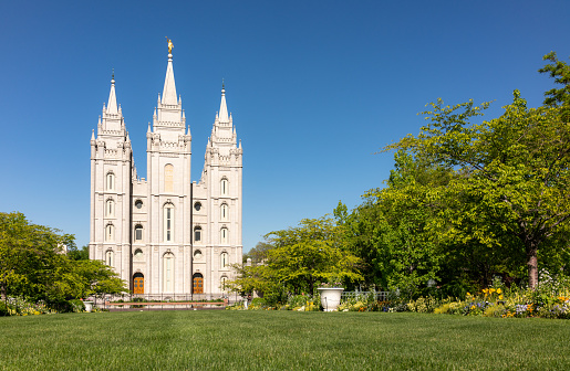View of Salt Lake Temple against sky, Salt Lake City, Utah, USA.