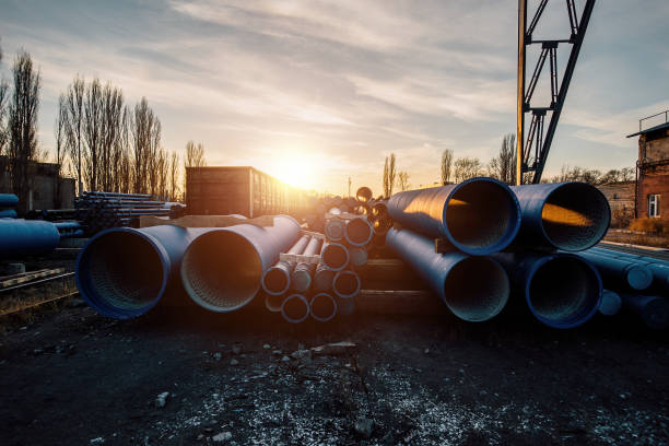 istock Stack of cast iron pipes in loading area waiting for transportation 1297076424