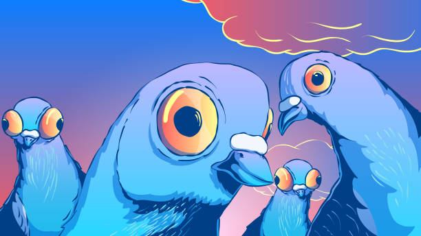 elle çizilmiş komik sevimli illüstrasyon - meraklı güvercinler. - animasyon karakter illüstrasyonlar stock illustrations
