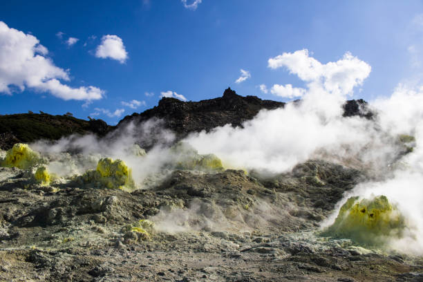 Scenery of "Mt. Iou", a tourist destination of Akan Mashu National Park in Hokkaido, Japan Landscape of the destination geothermal reserve stock pictures, royalty-free photos & images