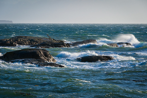 Wind storm crashing waves on the shoreline in Esquimalt, BC.