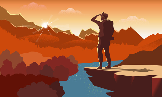 Traveller or explorer with backpack, standing on top of mountain or cliff and looking on valley. Vector illustration of adventure tourism and travel, discovery, exploration, hiking.