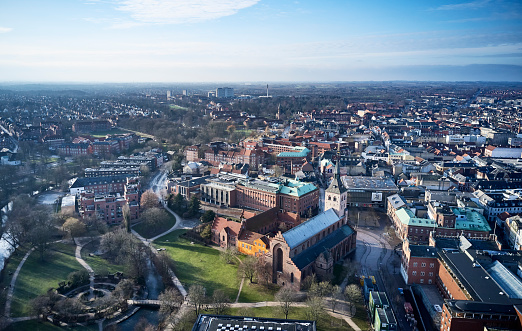 High Angle Panoramic Editorial View of Central Luton City and Buildings During Sunset, Most Beautiful Footage of Great Britain Modern and Historical View of Town of England, Image Was Captured with Drone on 22-01-2023