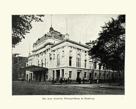 Vintage photograph of German theater in Hamburg, 19th Century. Das neue deutsche Schauspielhaus in Hamburg