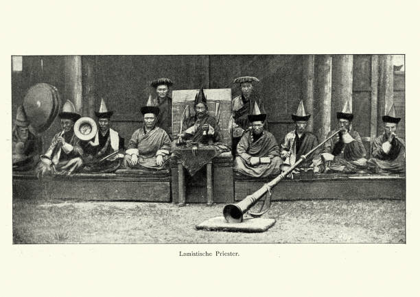 Vintage photograph of Lamist priests, playing horns, Tibetan Buddhism 19th Century Vintage photograph of Lamist priests, playing horns, 19th Century. Tibetan Lamist Buddhism priest photos stock pictures, royalty-free photos & images