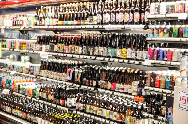 Display of beer bottles and cans