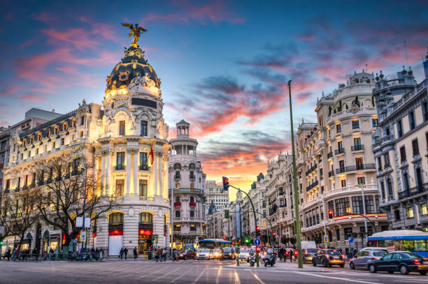 Madrid Spain on Gran Via Madrid, Spain cityscape at Calle de Alcala and Gran Via madrid city view stock pictures, royalty-free photos & images