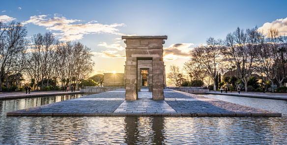 view of ancient egytptian The Temple of Debod in Madrid at sunset, Spain.