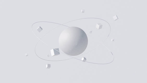 istock Big white textured sphere and orbiting cubes. Abstract illustration, 3d render. 1297092738