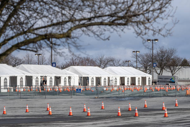 Lehigh Valley Coronavirus Vaccination Site Allentown, Pennsylvania, USA- January 16, 2021: Lehigh Valley Health Network mass coronavirus vaccination site set up on parking lot. allentown pennsylvania stock pictures, royalty-free photos & images