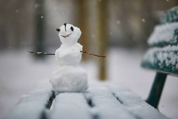 istock Little snowman with happy face on a bench covered with snow 1297092858
