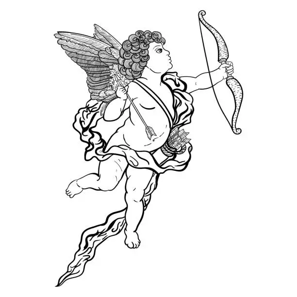 Vector illustration of Cupid with bow and arrow, outline drawing of black