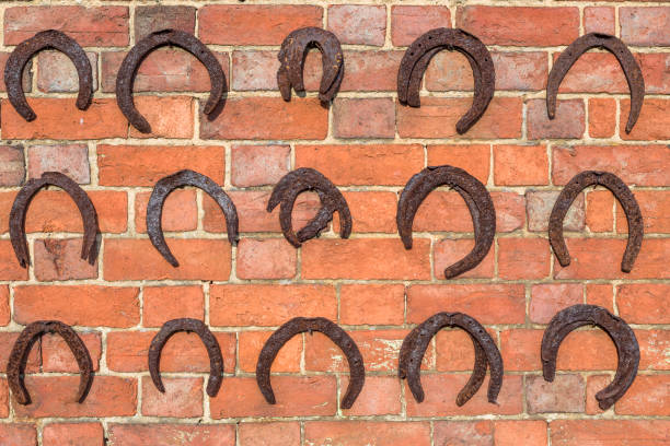 A set of old metal horseshoes displayed on a warm yellow wooden barn interior, including single and clustered pieces nailed or hanging on beams, with aged patina and cobwebs that emphasize rural craftsmanship and folk good‑luck symbolism.