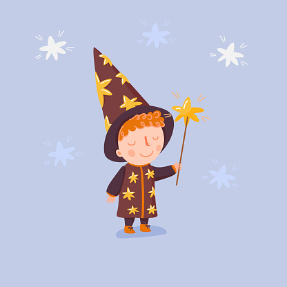 Cute little astrologer with hat, dress and gold star stick in hand. Young boy in wizard costume. Cartoon character. Stock vector illustration for kids t-shirt print, poster, play card, banner, cover