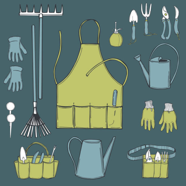 ilustrações, clipart, desenhos animados e ícones de ferramentas de jardim. ilustração do esboço do vetor. - watering can shovel rake silhouette