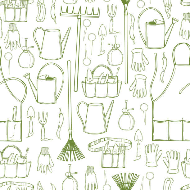 ilustrações, clipart, desenhos animados e ícones de ferramentas de jardim. padrão vetorial. - watering can shovel rake silhouette