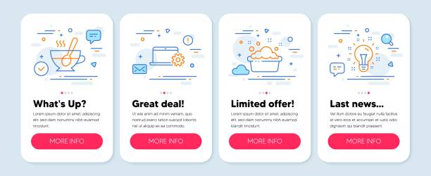 Set of Business icons, such as Tea cup, Notebook service, Hand washing symbols. Idea line icons. Vector Set of Business icons, such as Tea cup, Notebook service, Hand washing symbols. Mobile app mockup banners. Idea line icons. Coffee with spoon, Computer repair, Laundry basin. Creativity. Vector tea cup ride stock illustrations
