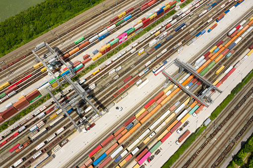 Aerial view of cargo containers and freight trains, Germany.