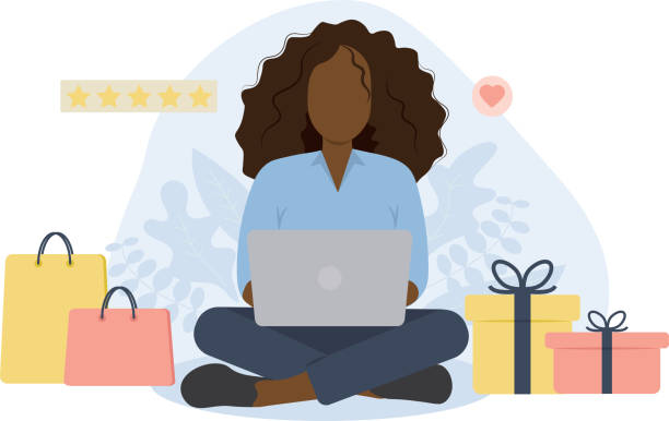 노트북, 선물 및 쇼핑백을 갖춘 앉아있는 흑인 여성. 온라인 쇼핑을 위한 개념. - online shopping stock illustrations