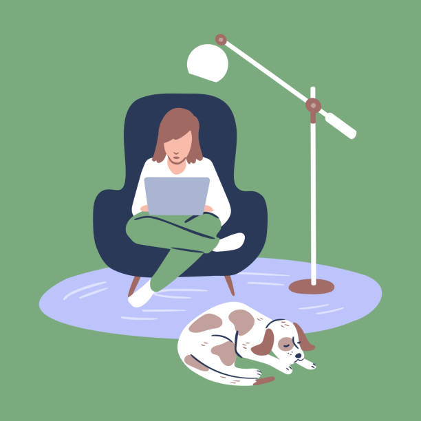 ilustraciones, imágenes clip art, dibujos animados e iconos de stock de ilustración de una joven casual que usa el ordenador portátil en la sala de estar cerca del perro - green background color image people animal