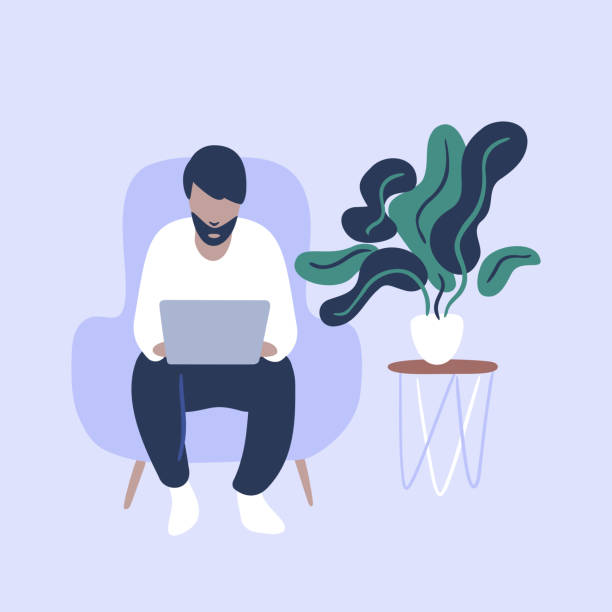 Illustration of casual young man using laptop in cozy armchair Illustration of casual young man using laptop in cozy armchair typing illustrations stock illustrations