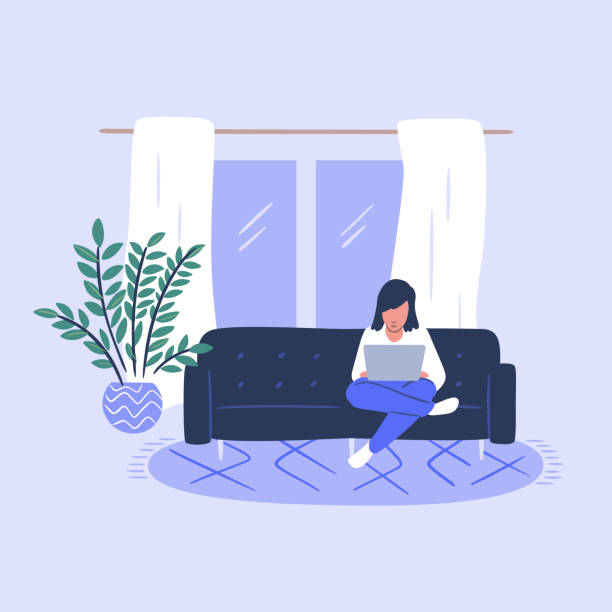 Illustration of casual young person using laptop on living room couch Illustration of casual young person using laptop on living room couch woman laptop stock illustrations