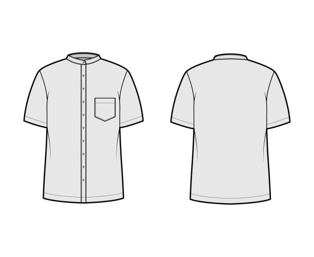 istock Shirt nehru collar technical fashion illustration with short sleeves, angled pocket, mandarin neck. Flat indian jacket 1297100072