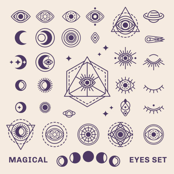 Sacred Eye Set Sacred Geometry Forms with Moon and Sun. Vector illustration. Geometric Logo Design, Alchemy Symbol, Occult and Mystic Sign Isolated on White Background. Masonic Eye inside triangle pyramid, paranormal stock illustrations