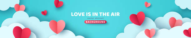 Valentines day header Horizontal banner with blue sky, paper cut clouds and pink hearts. Place for text. Happy Valentines day sale concept header or voucher template. blue balloons in the blue sky with clouds stock illustrations