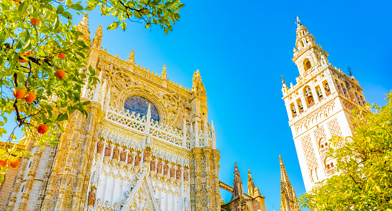 Seville Cathedral (Catedral de Sevilla) and Giralda tower over blue sky, Spain travel photo