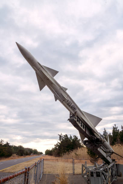 View of a MIM-3 Nike Ajax missile located at Fort Hancock's Nike Site NY-56. Now part of Gateway National Recreation Area. Sandy Hook, NJ - USA - Jan 17, 2021: View of a MIM-3 Nike Ajax missile located at Fort Hancock's Nike Site NY-56. Now part of Gateway National Recreation Area. nike air photos stock pictures, royalty-free photos & images