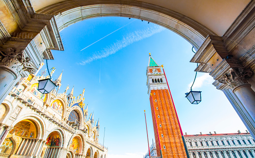 Panoramic view of Venice, Doge's Palace and Campanile tower, Italy