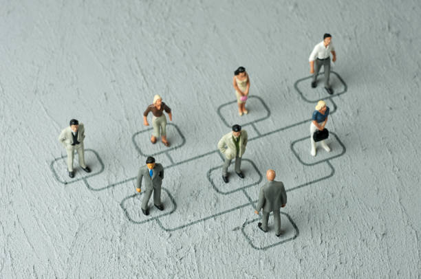 Business hierarchy 4 Business hierarchy concept. Businessperson figurines standing on organization chart (7 businessperson with male CEO) corporate hierarchy stock pictures, royalty-free photos & images