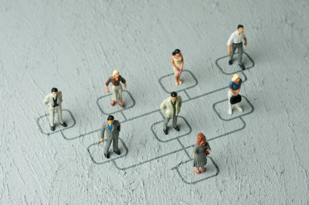 Business hierarchy 3 Business hierarchy concept. Businessperson figurines standing on organization chart (7 businessperson with female CEO) organization chart stock pictures, royalty-free photos & images