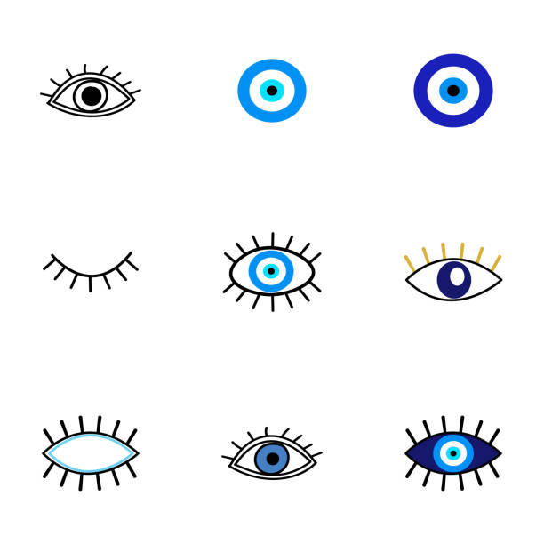 ilustrações de stock, clip art, desenhos animados e ícones de evil eye protection talisman. collection of of turkish blue eye-shaped amulets, nazar talismans in hand drawn style. vector illustration of eyes with lashes, magical decor elements - evil eye beads