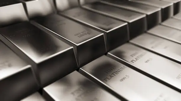 Realistic platinum ingots, bars abstract background for finance 3d rendering