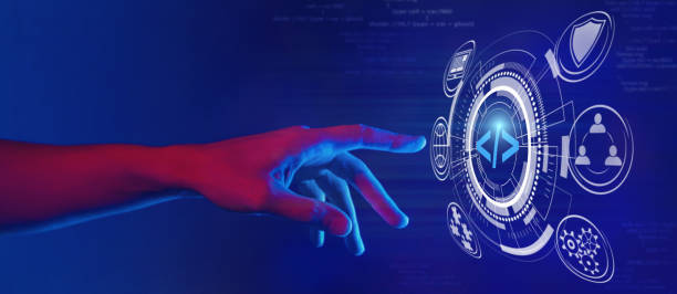 web development and web design concept in neon light, building a business website, programming for internet stock photo