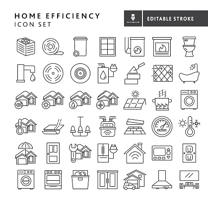 Vector illustration of a big set of 43 home efficiency line icons. Includes heating and cooling, windows and doors, air flow, bathroom fixtures, kitchen cabinet and appliances, lighting, gas heating and cooking, solar panel, weather conditions, smoke detector and co2 detector on background with no white box below. Fully editable stroke outline for easy editing. Simple set that includes vector eps and high resolution jpg in download.