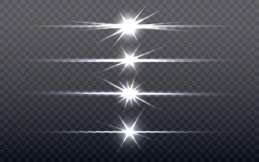 Flare light set. Silver glowing light on transparent background. Bright stars collection. Optical sun flash effect. Shining elements collection for advertisement. Vector illustration.