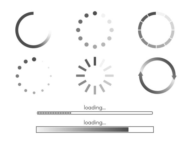 ilustrações, clipart, desenhos animados e ícones de barra de carregamento em cenário branco. progrida ícones redondos. visualização de círculo e linha. baixe a coleção de status. elementos de carregamento de página da web. ilustração vetorial - interface icons push button web page internet