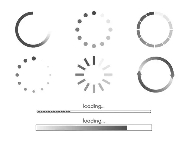 Vector illustration of Loading bar set on white backdrop. Progress round icons. Circle and line visualization. Download status collection. Web page load elements. Vector illustration