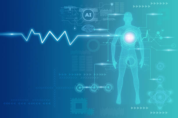 와이어프레임 인체, 3d 모델 다각형 점 및 라인, 가상 스캔 해부학 몸, 딥 러닝을 위한 인공 지능 또는 ai를 통해 사람들을 위한 미래 지향적인 의료 및 과학 및 혁신 - 생체역학 뉴스 사진 이미지