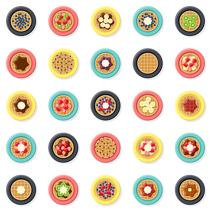 A set of waffles with different toppings icons. File is built in the CMYK color space for optimal printing. Color swatches are global so it’s easy to edit and change the colors.