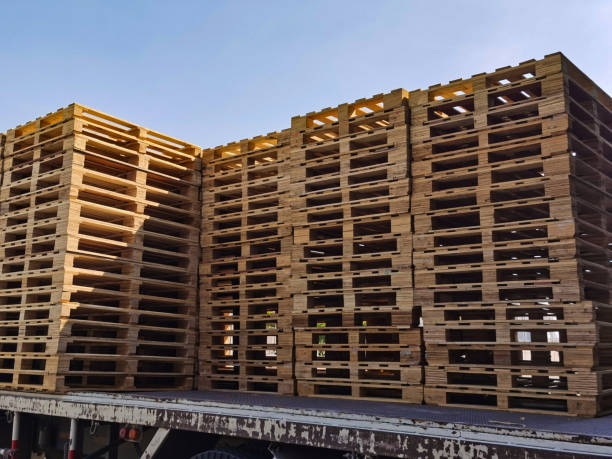 istock Worker driving forklift to loading and unloading wooden pallets from truck to warehouse cargo storage, shipment in logistics and transportation industrial, wood pallets stack 1297117129