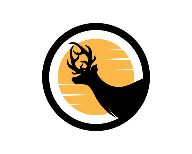 Running deer with sunset in the circle Running deer with sunset in the circle doe stock illustrations