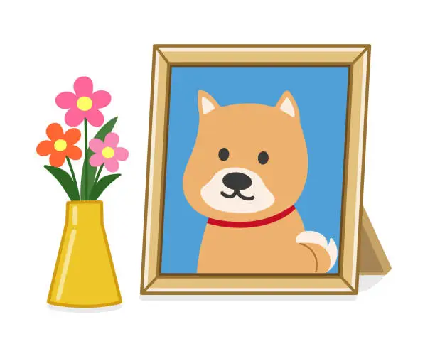 Vector illustration of Portrait of a deceased dog with offer flowers.