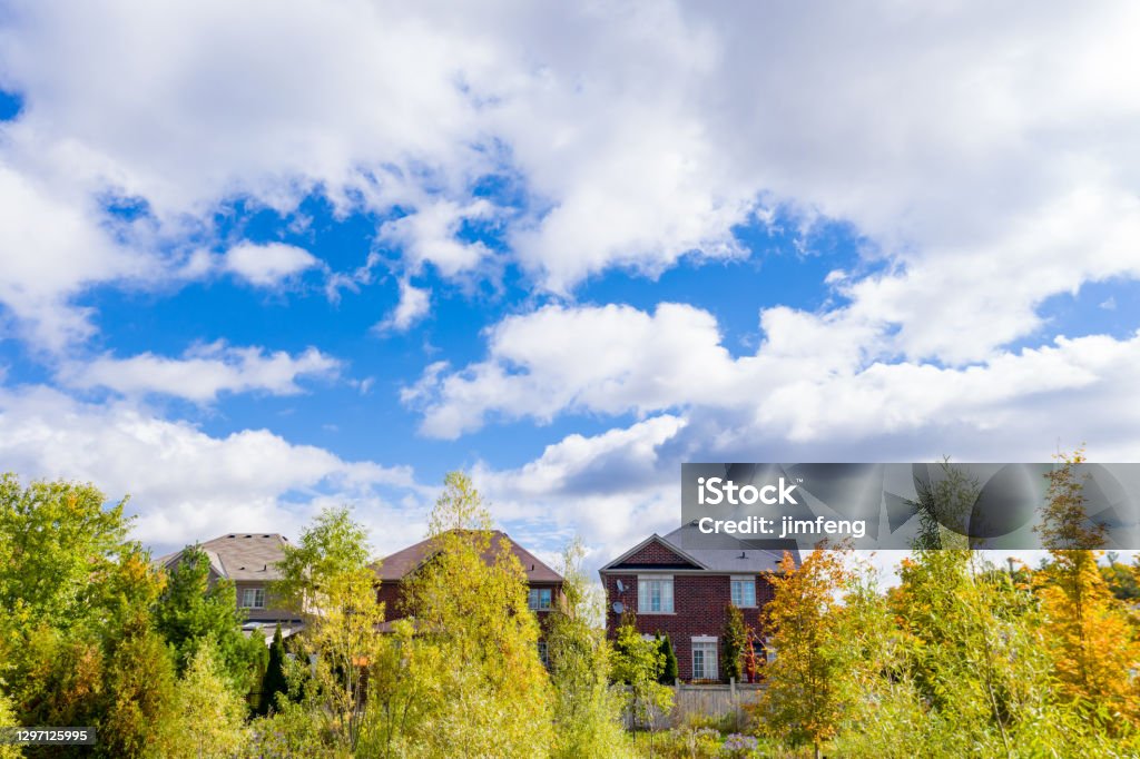 Colors leaves on both sides of the Vellore Village community road at Woodbridge in Vaughan, Ontario, Canada Ontario, Canada. Autumn Stock Photo