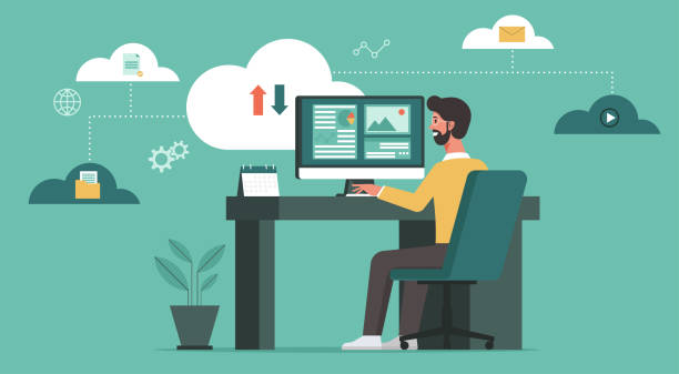 businessman using computer upload and download information and data on cloud computing technology businessman using computer upload and download information and data on cloud computing technology network, work from home and anywhere, vector illustration telework security stock illustrations